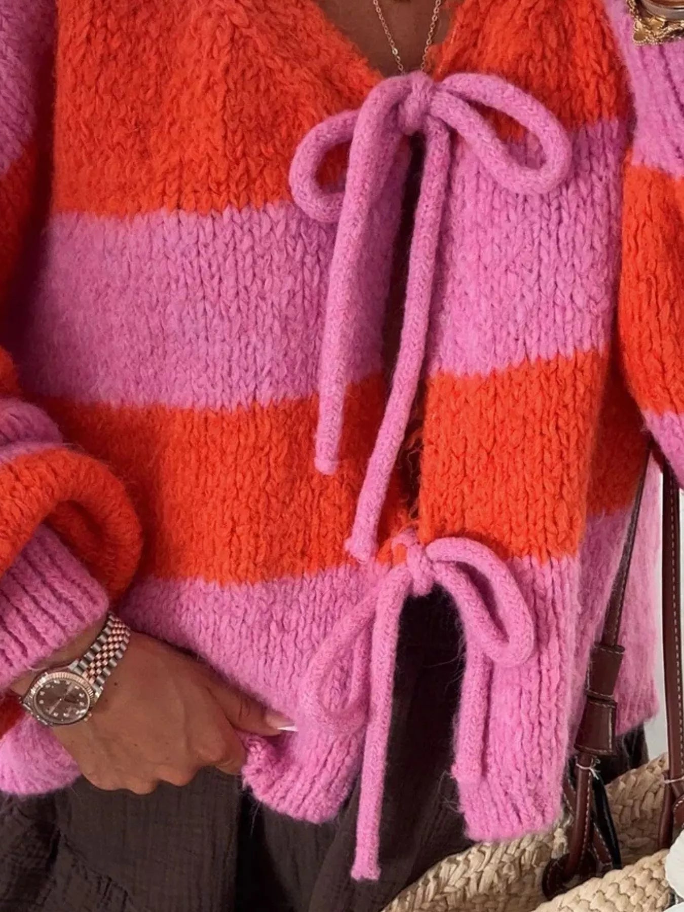 Striped Tie-Front Knit Cardigan Trendsi