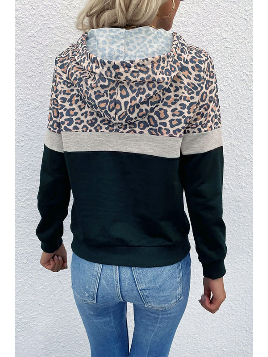 Perfee Leopard Color Block Long Sleeve Drawstring Hoodie nicholesgifts