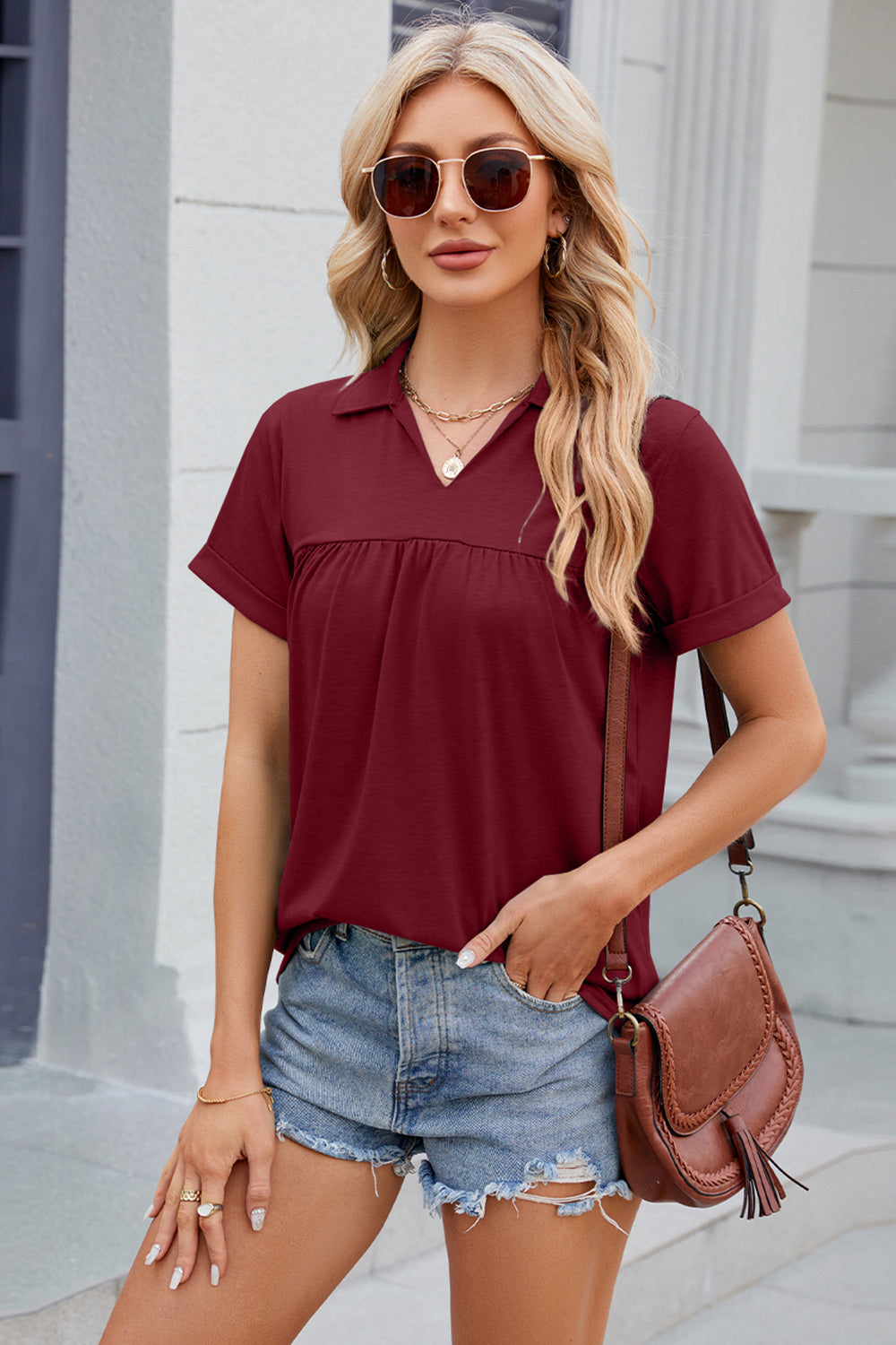 Ruched Johnny Collar Short Sleeve Blouse nicholesgifts