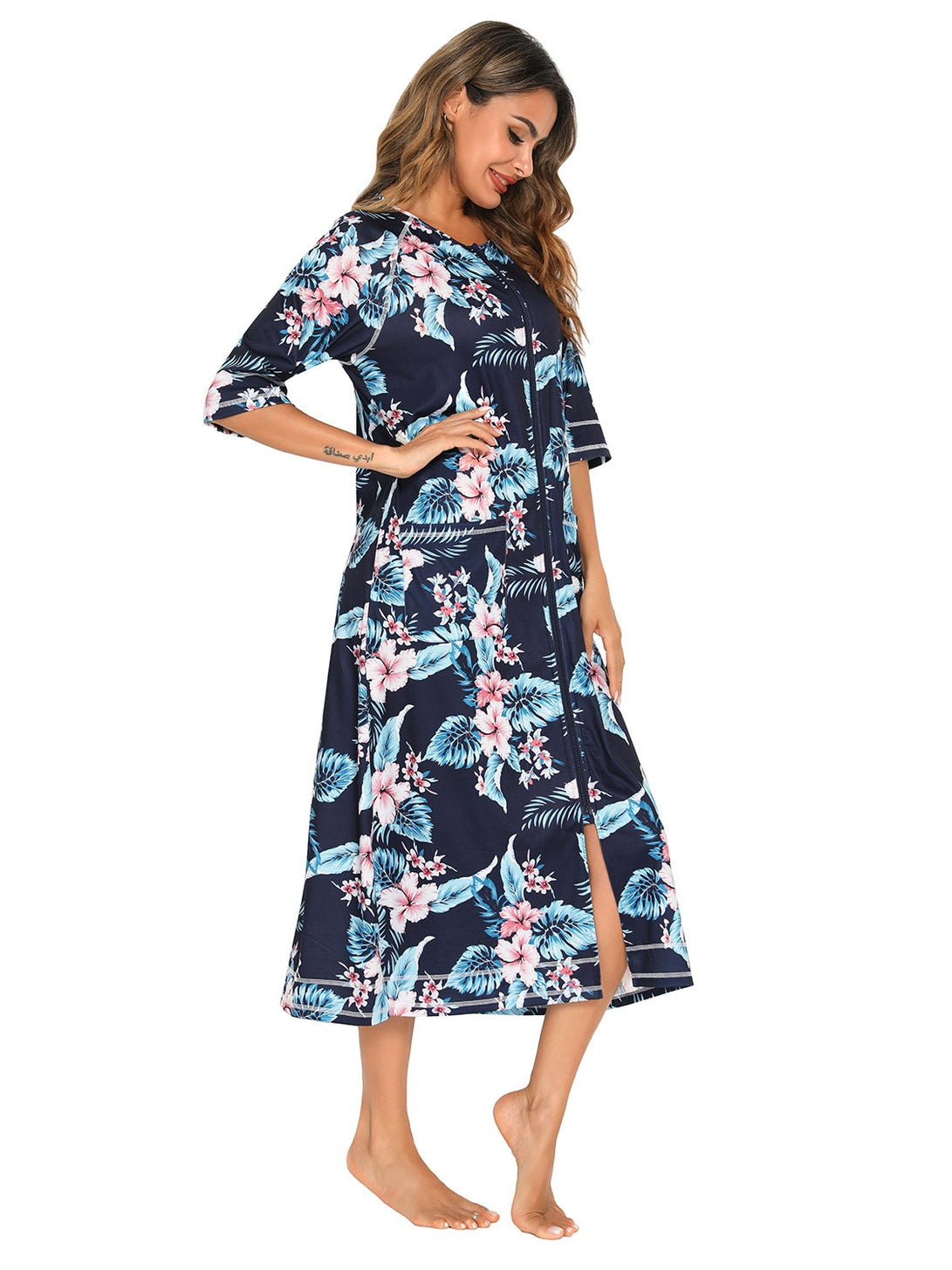Printed Slit Night Dress with Pockets nicholesgifts