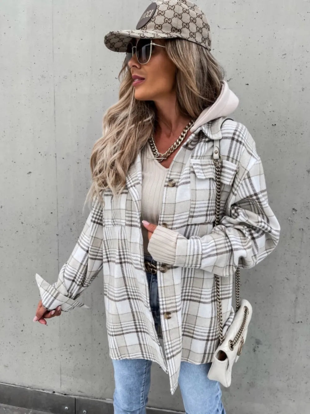 Plaid Dropped Shoulder Hooded Jacket nicholesgifts