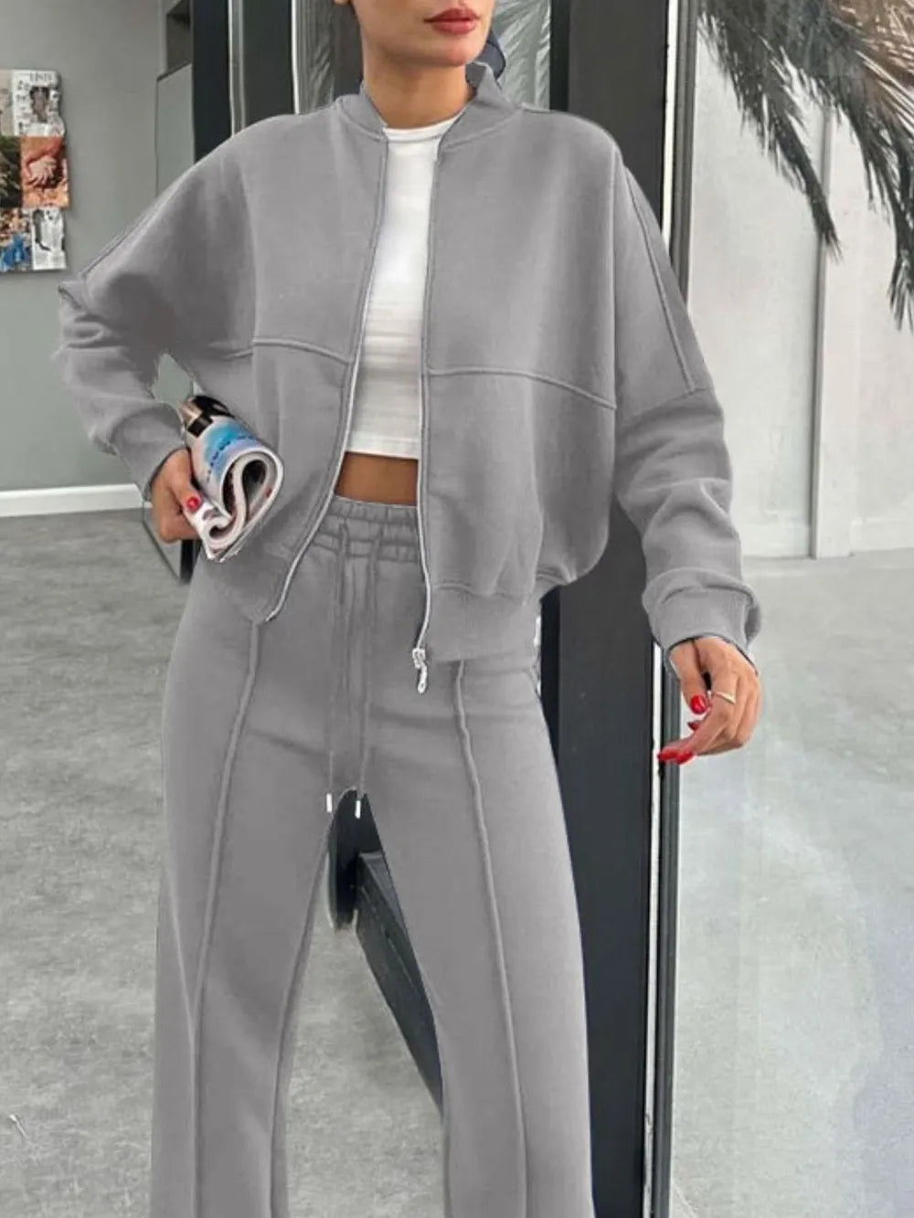 Baseball Collar Zip Up Outerwear and Drawstring Pants Set nicholesgifts