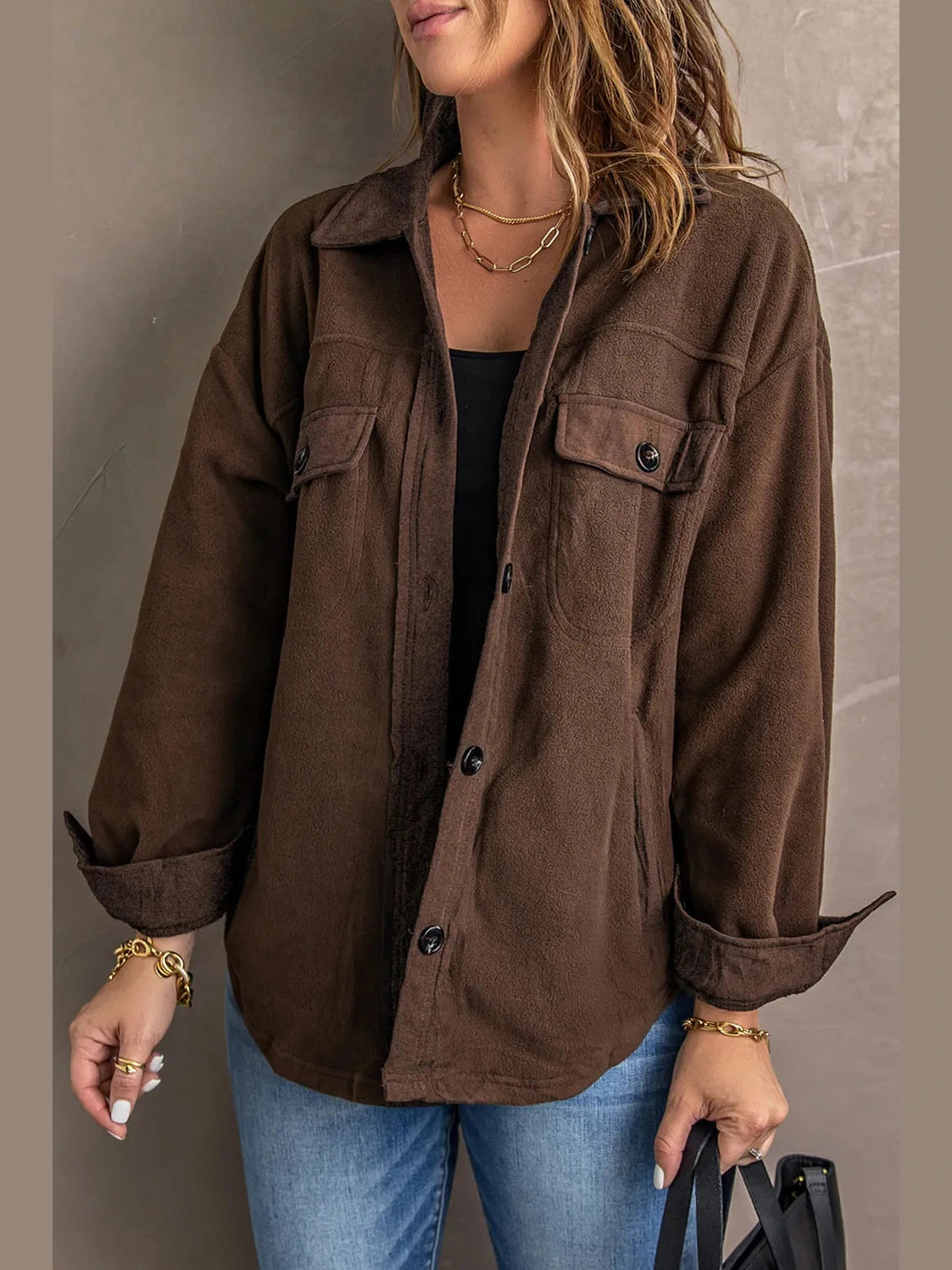 Button Up Collared Neck Long Sleeve Jacket nicholesgifts