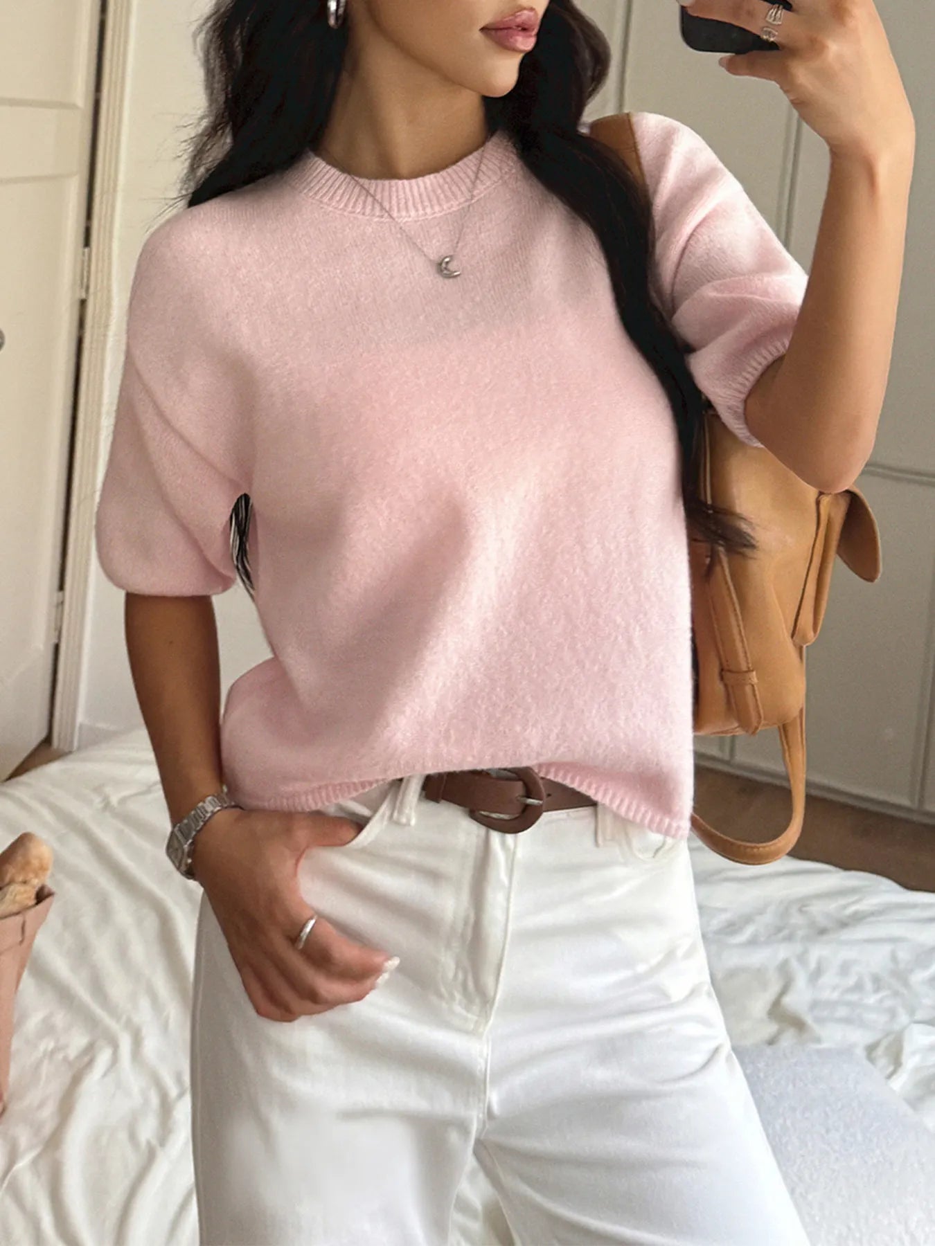 Ribbed Hem Round Neck Sweater Trendsi