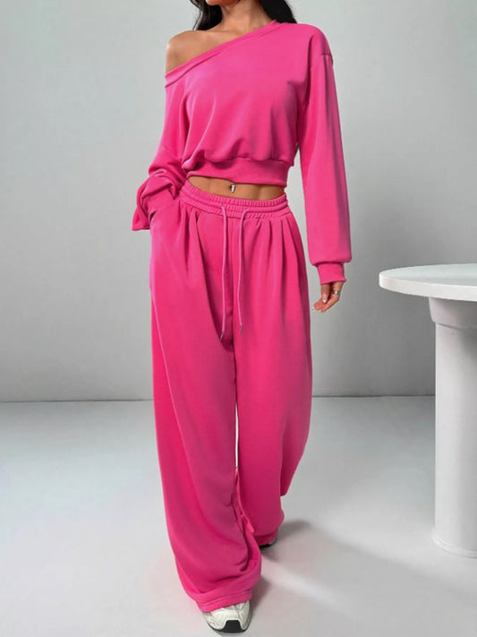 Boat Neck Long Sleeve Top and Pants Set nicholesgifts