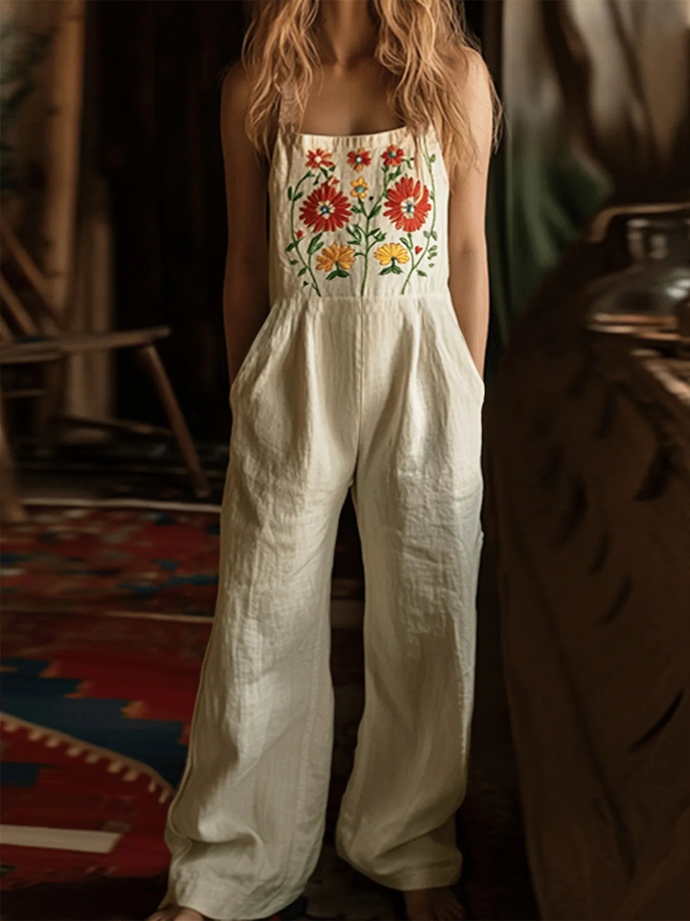 Floral Embroidered Wide Leg Jumpsuit nicholesgifts