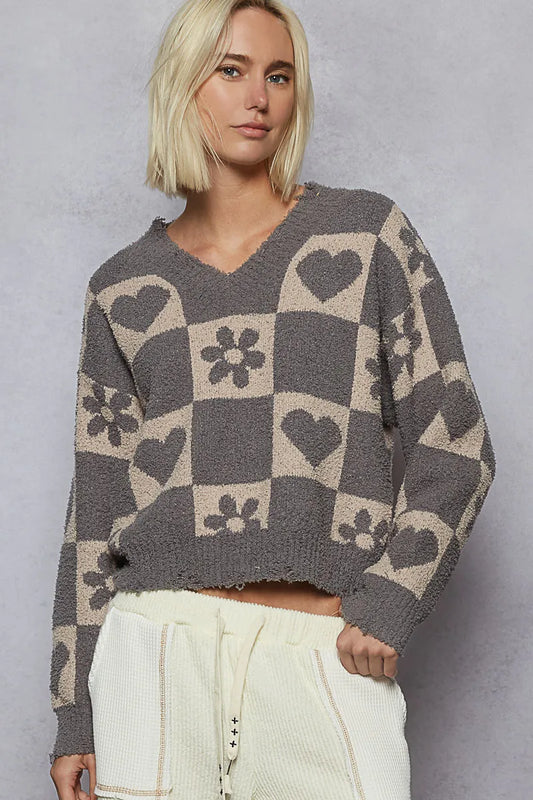 POL V-Neck Heart Pattern Checkered Sweater NicholesGifts