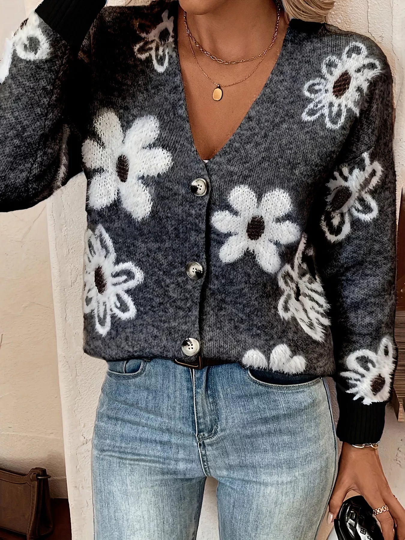 Floral Print Button-Up Knit Cardigan nicholesgifts