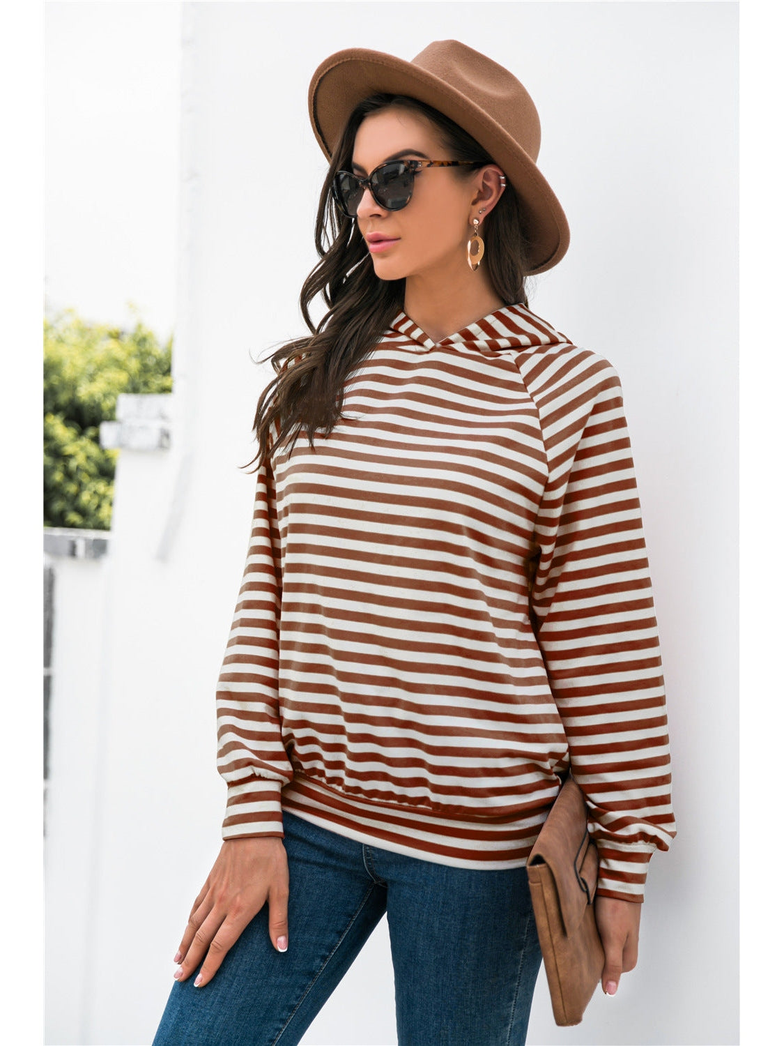 NicholesGifts Women Horizontal Stripe Raglan Sleeve Hoodie NicholesGifts
