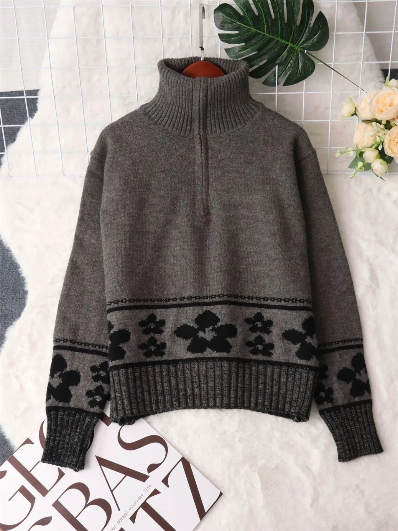 Flower Zip Collar Long Sleeve Sweater