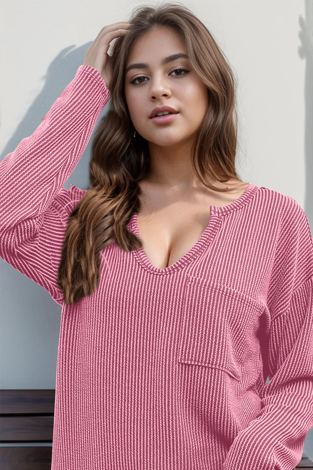 Double Take Striped Notched Long Sleeve T-Shirt NicholesGifts