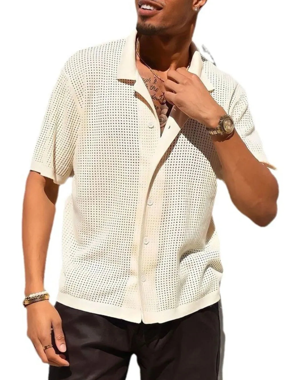Men's Full Size Openwork Button Down Collared Neck Shirt Plus Size NicholesGifts