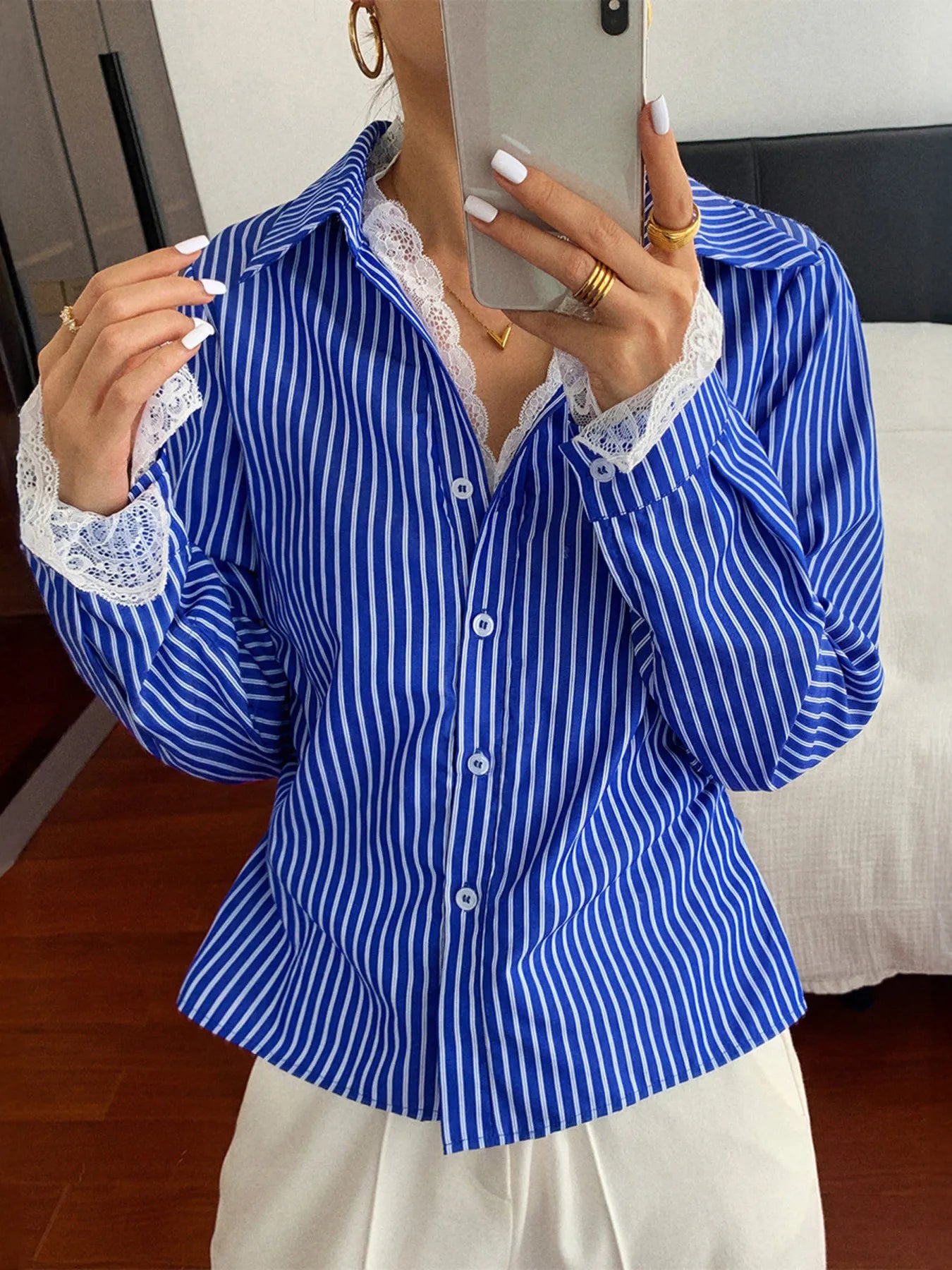 Striped Button-Down Shirt with Lace Detail NicholesGifts