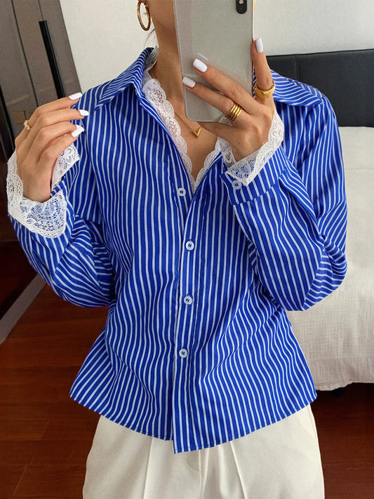 Striped Button-Down Shirt with Lace Detail NicholesGifts