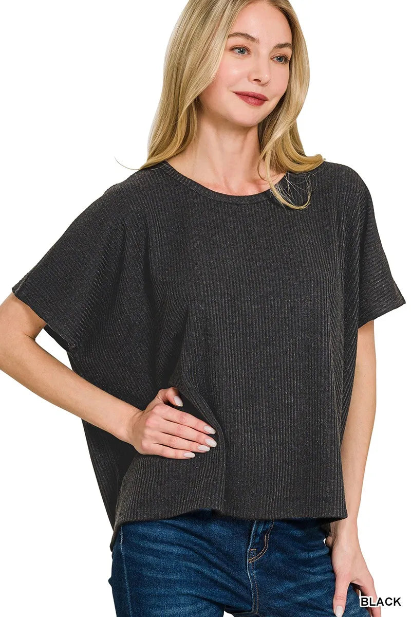 Zenana Ribbed Round-Neck Short-Sleeve Knit Top NicholesGifts