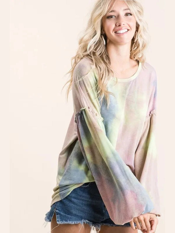 BiBi Tie Dye French Terry Sweatshirt With Bubble Sleeves Trendsi