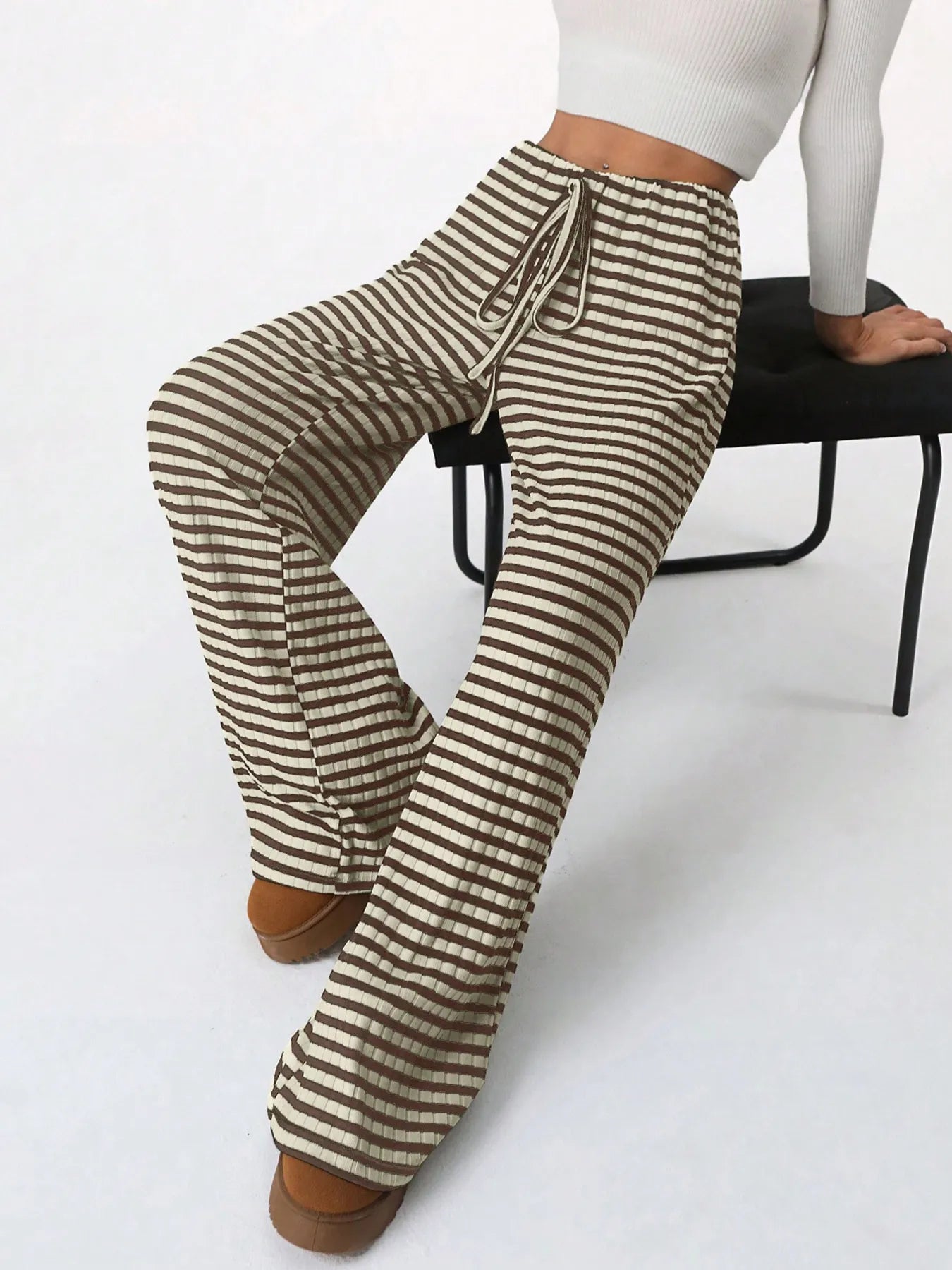 Women Striped Wide Leg Drawstring Pants nicholesgifts