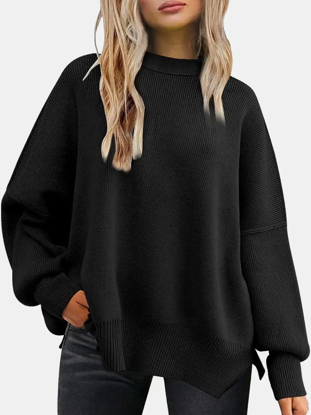 Round Neck Drop Shoulder Slit Sweater Trendsi