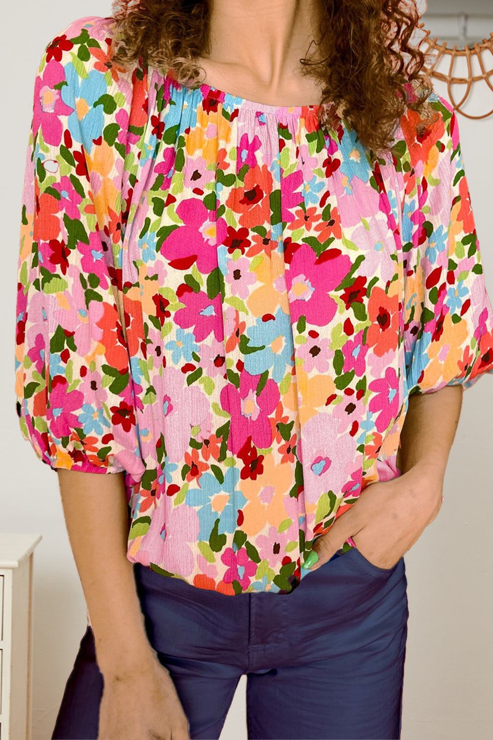 Printed Round Neck Half Sleeve Blouse nicholesgifts