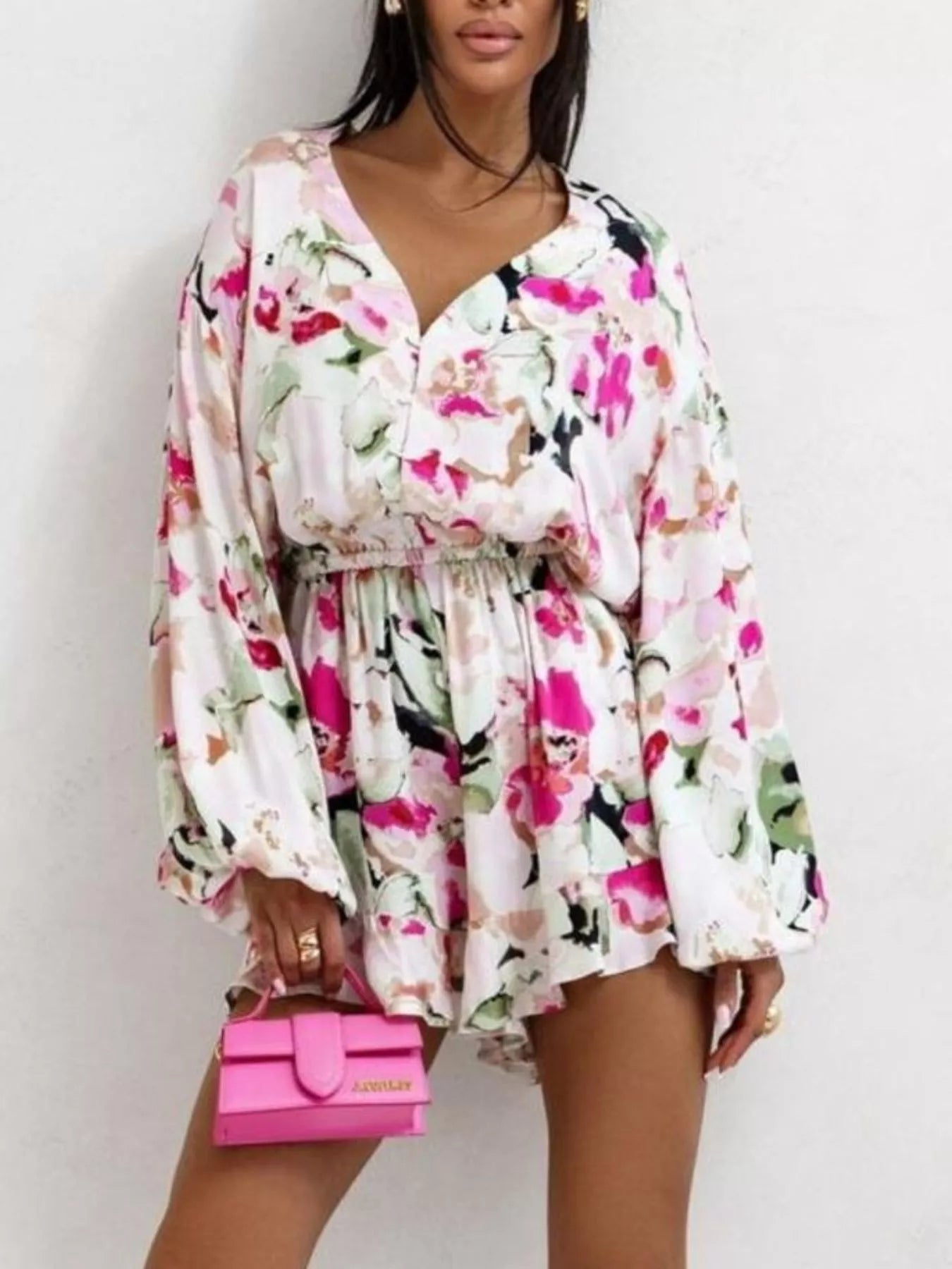 Floral V-Neck Long Sleeve Romper with Elastic Waist nicholesgifts