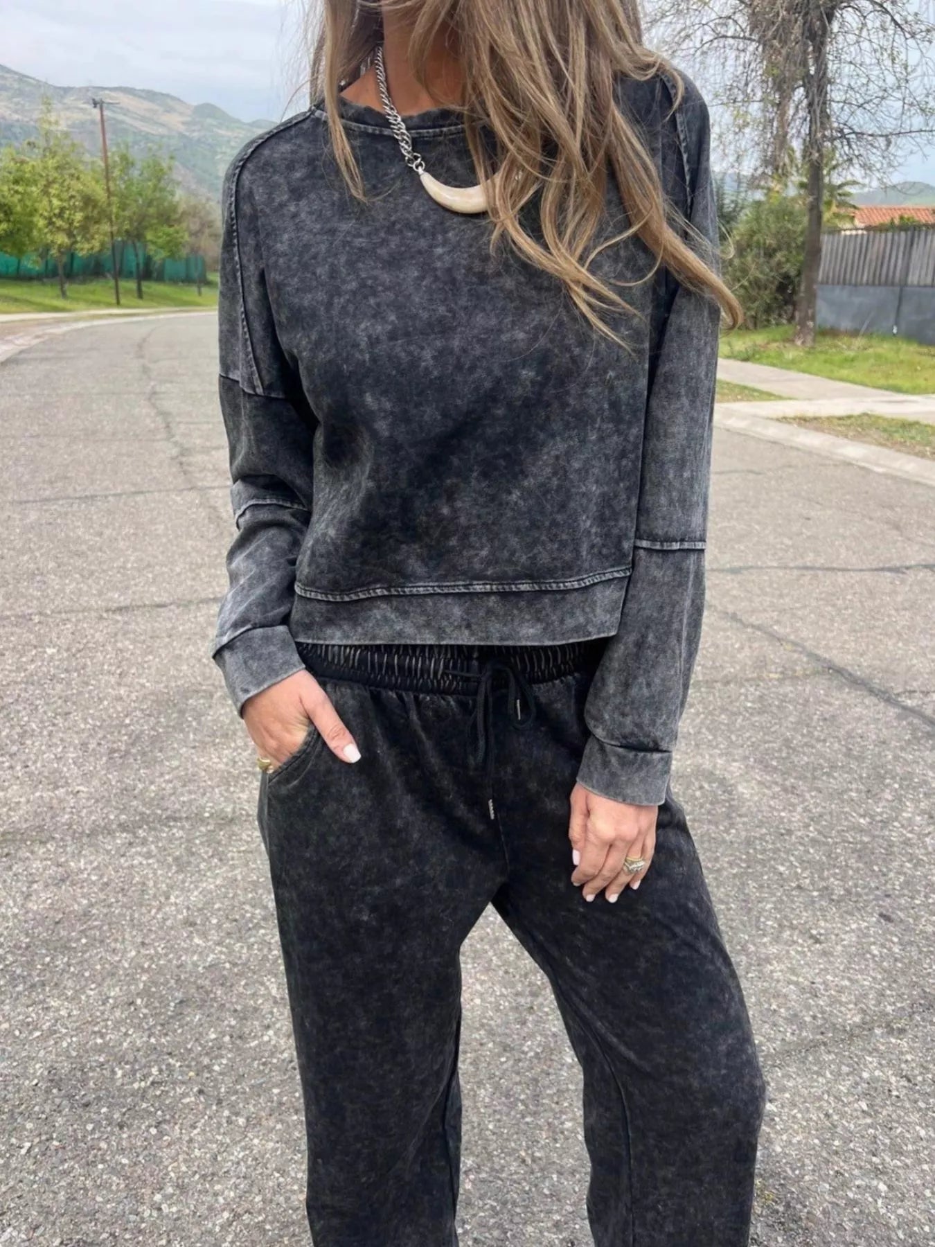 Full Size Washed Round Neck Top and Drawstring Pants Set Plus Size nicholesgifts