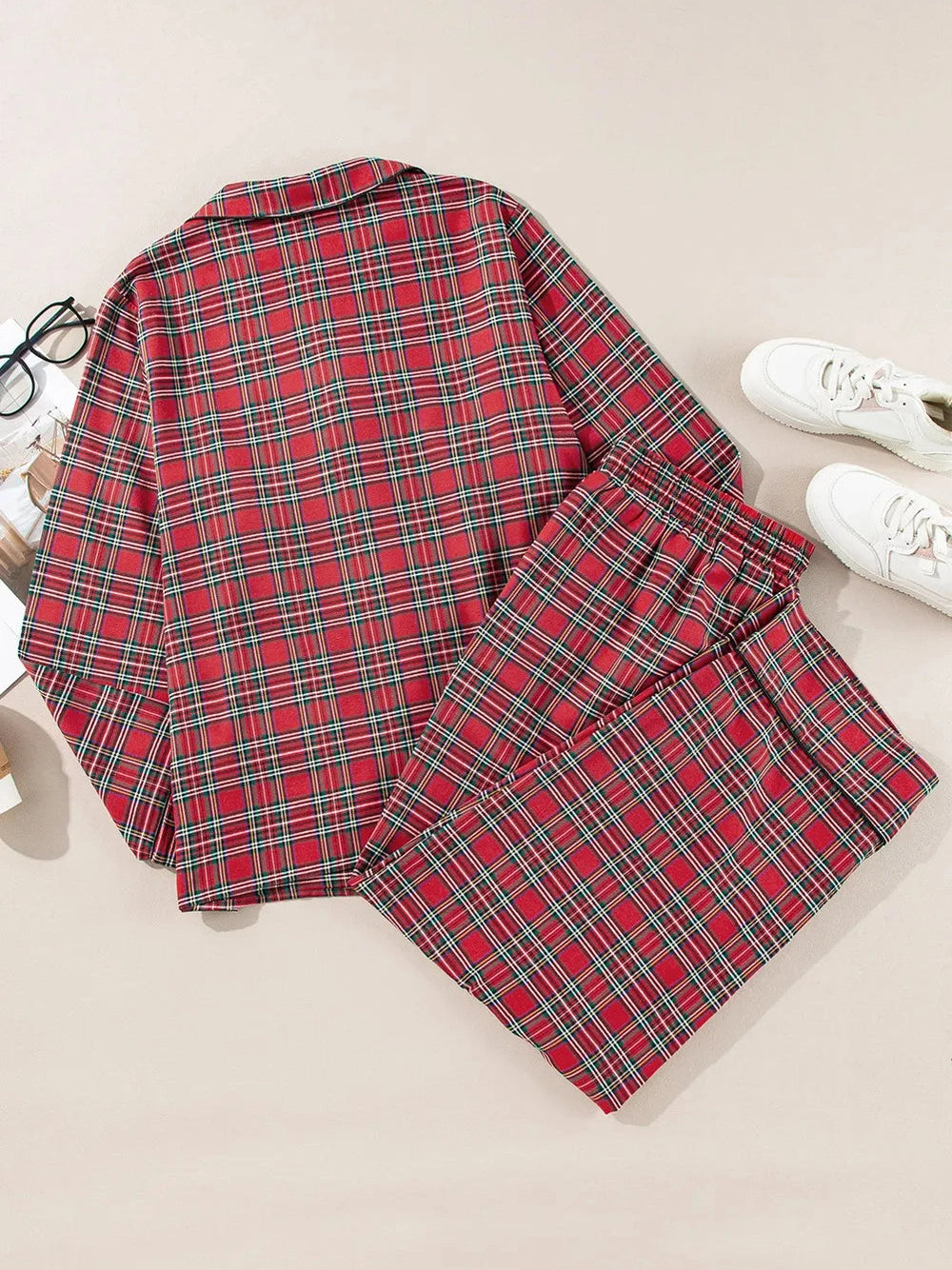 Plus Size Plaid Collared Neck Top and Pants Lounge Set nicholesgifts