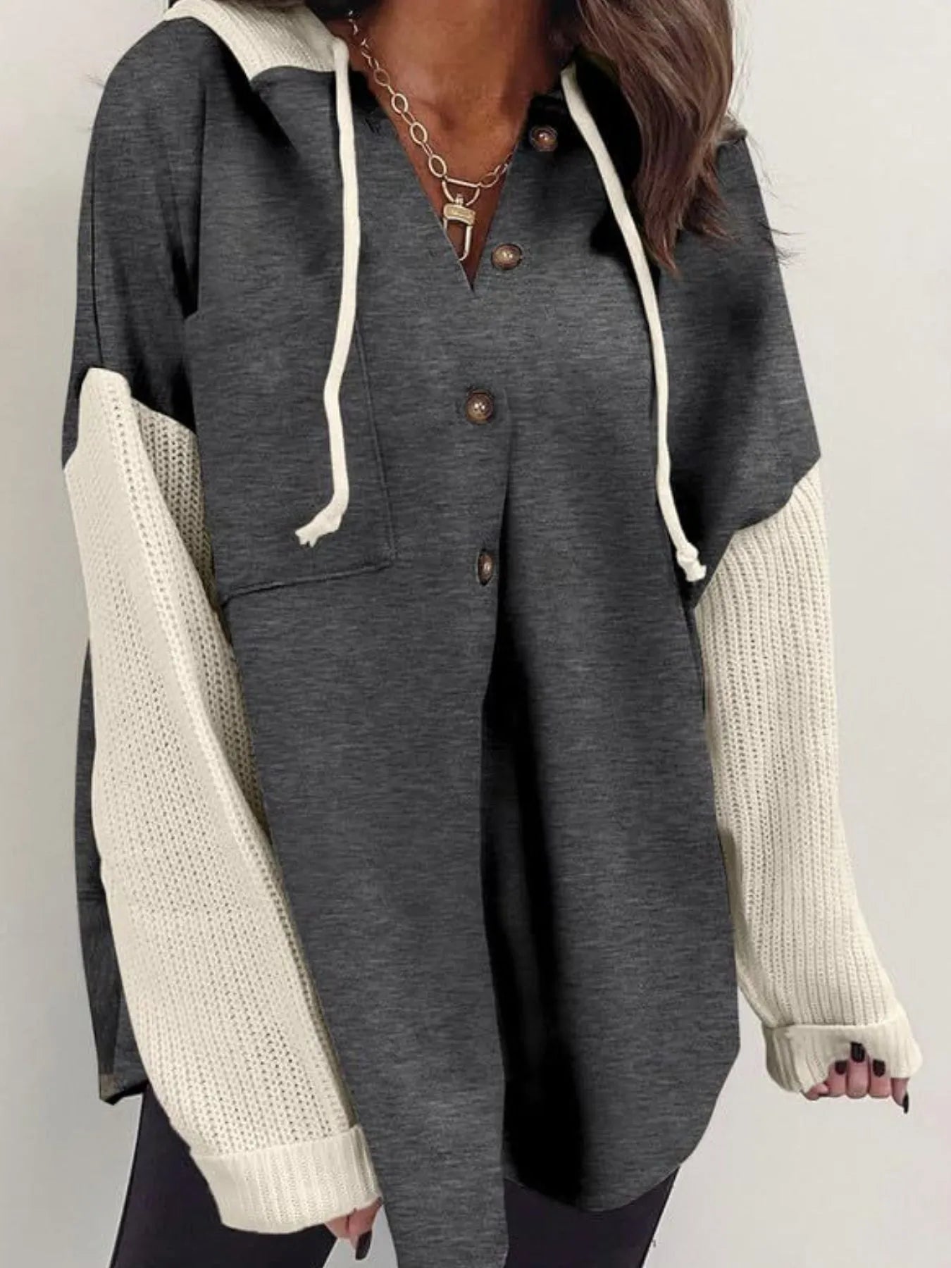 Drawstring Button Front Hoodie Trendsi
