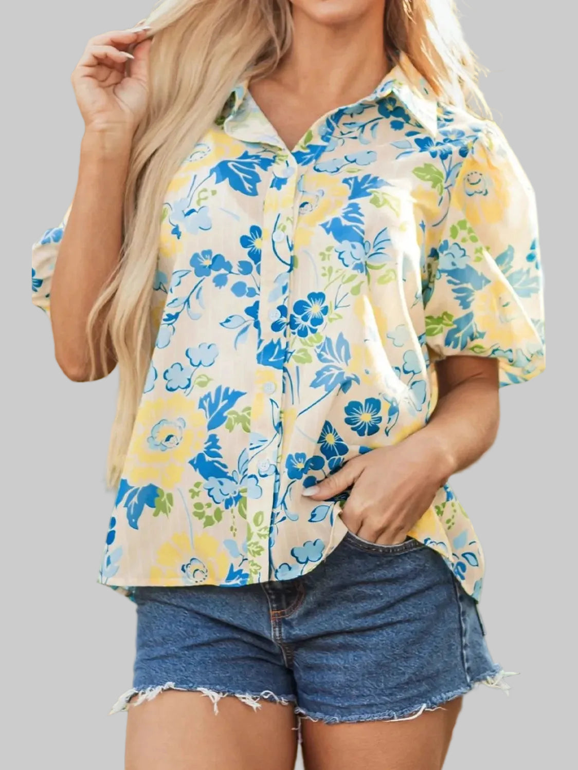 Printed Puff Sleeve Button Down Summer Shirt nicholesgifts
