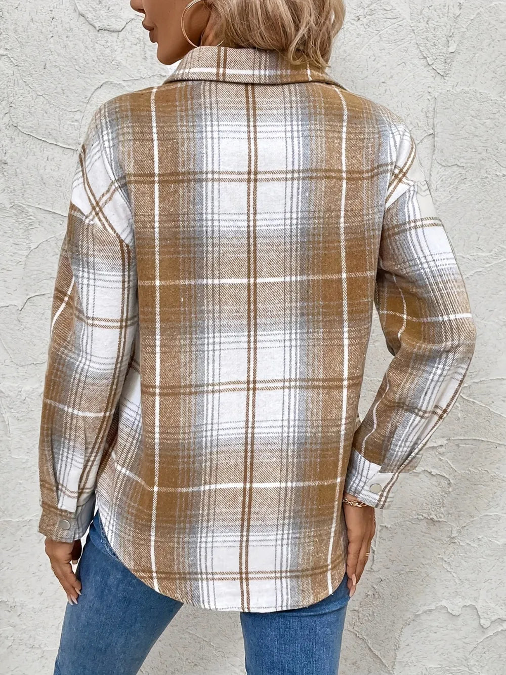 Plaid Collared Neck Half Zip Long Sleeve Top Trendsi
