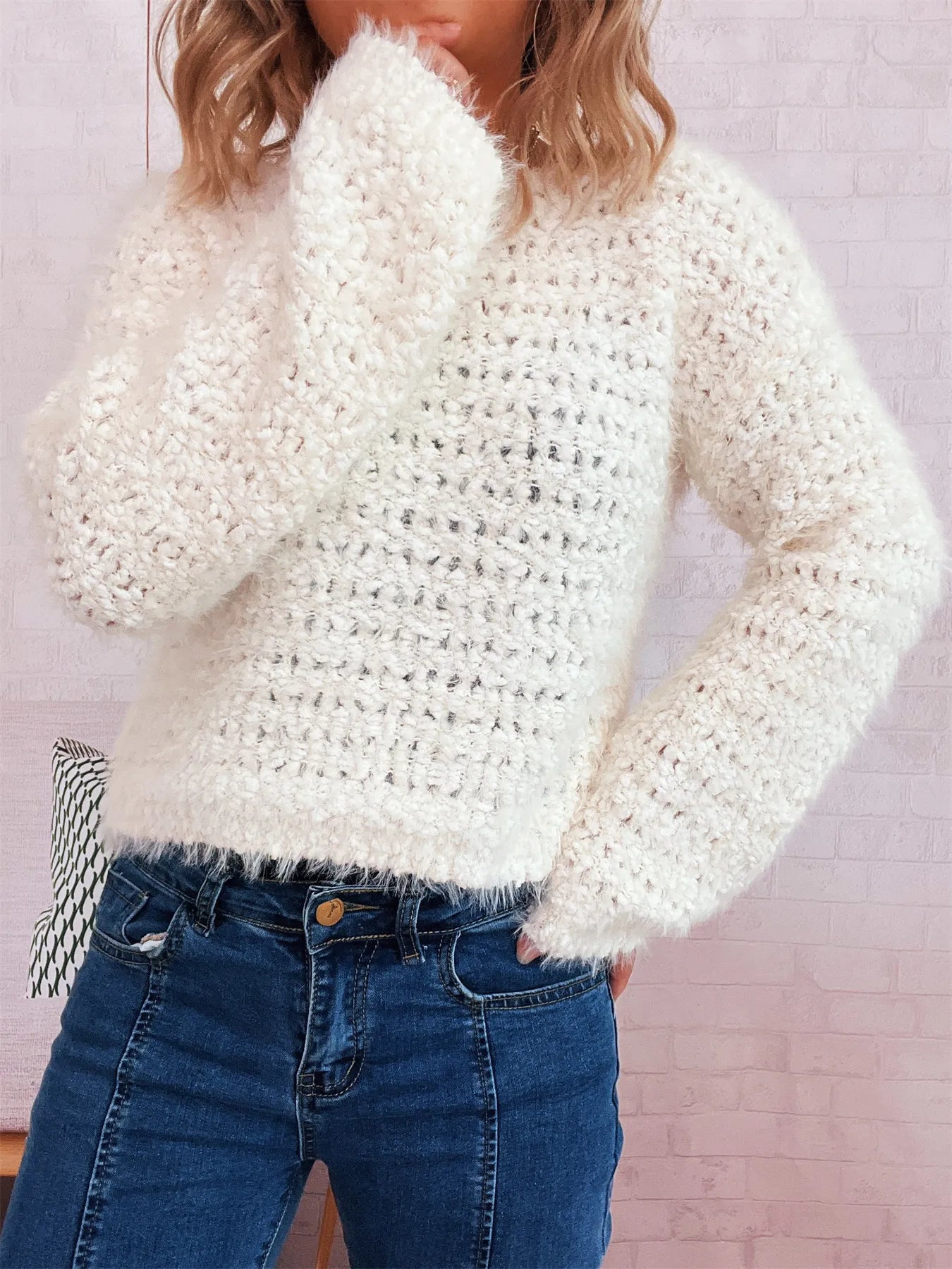 Crochet Round Neck Dropped Shoulder Sweater