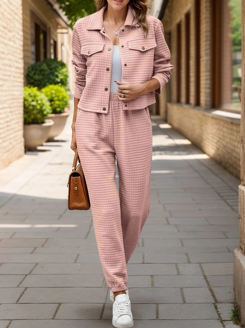 Plaid Texture Snap Down Top and Pants Set nicholesgifts