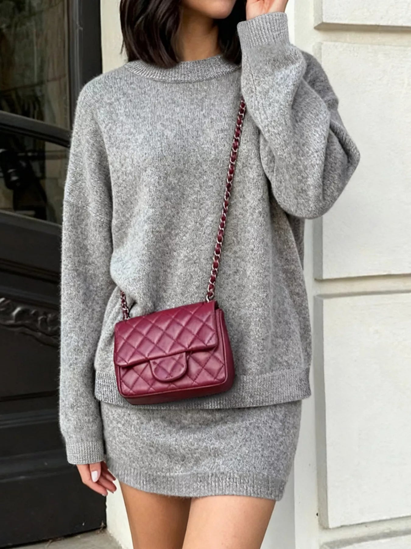 Plus Size Round Neck Long Sleeve Top and Skirt Sweater Set nicholesgifts