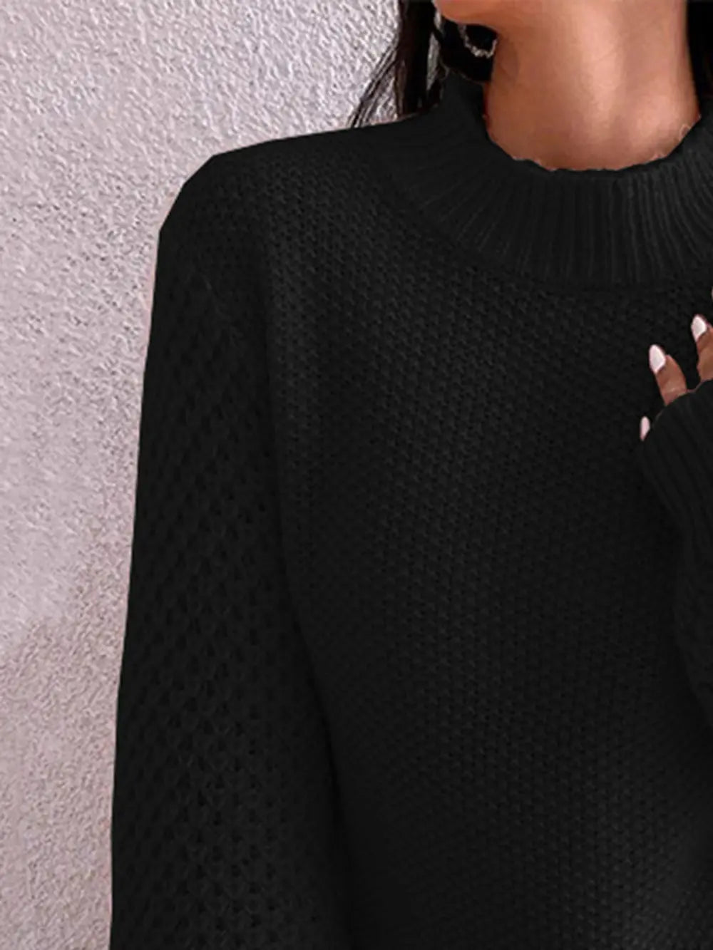 Openwork Mock Neck Long Sleeve Sweater Trendsi