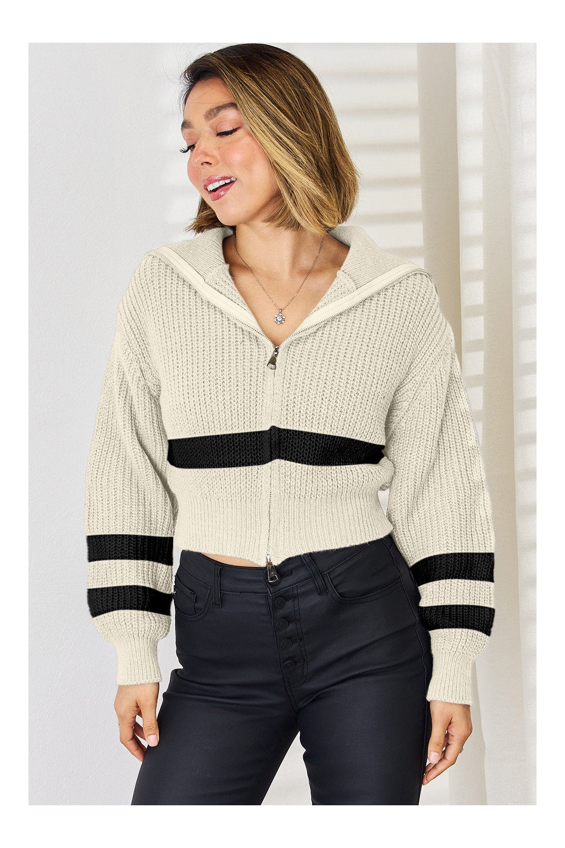 Striped Zip Up Dropped Shoulder Cardigan nicholesgifts