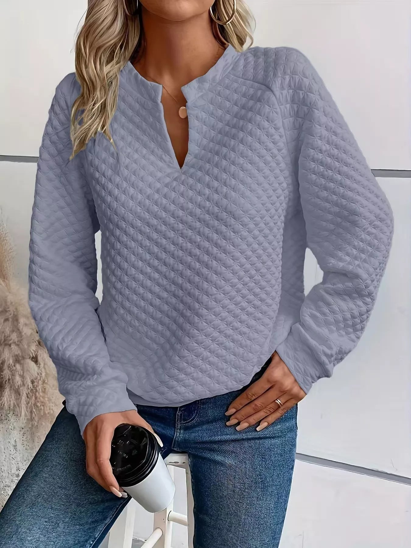 Notched Raglan Sleeve Sweatshirt Trendsi