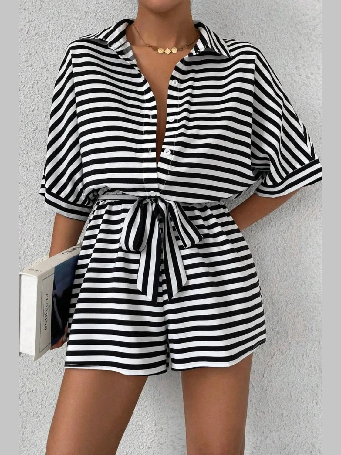 Striped Collared Neck Tie Waist Romper nicholesgifts