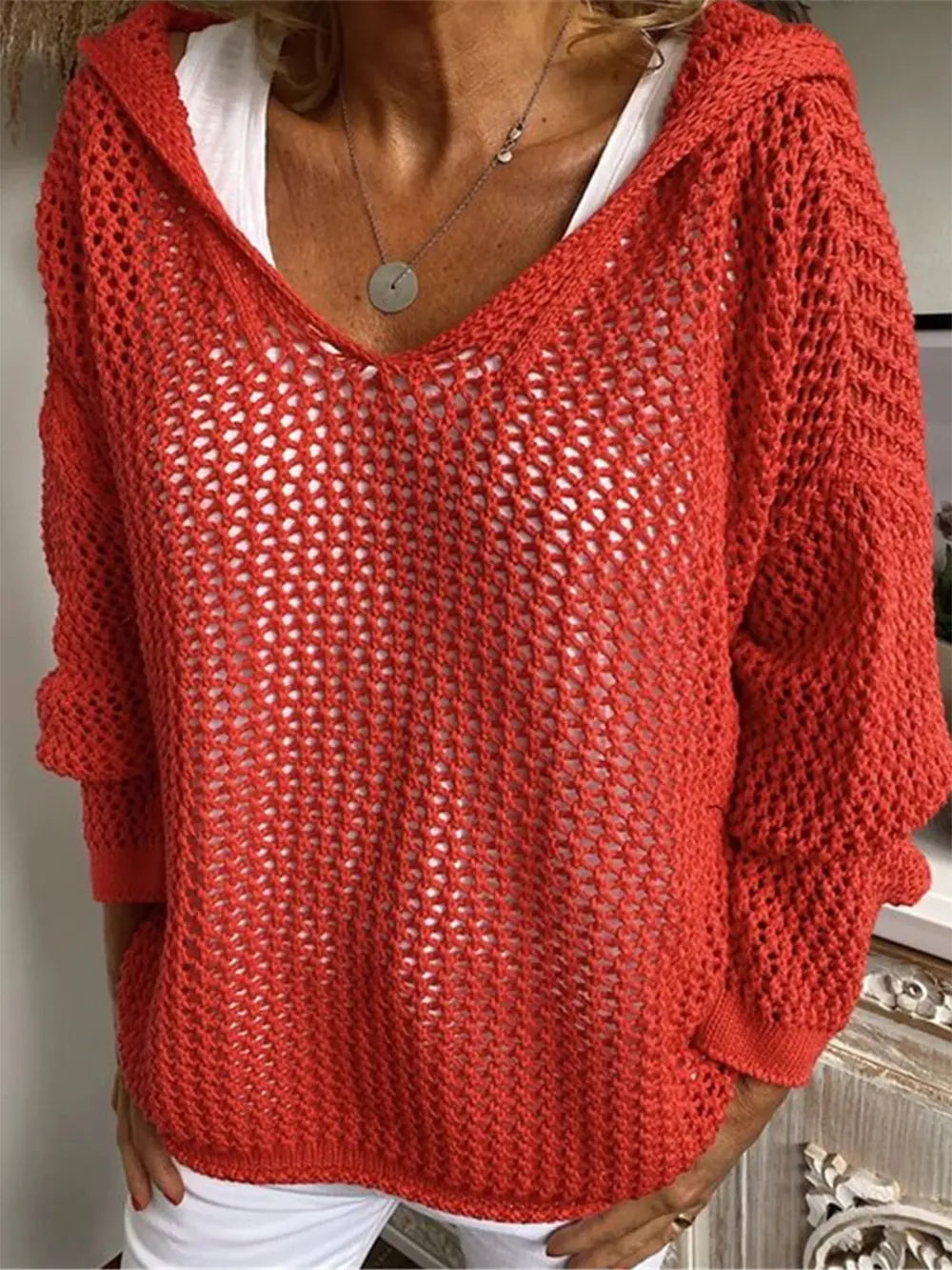 Openwork Hooded Long Sleeve Sweater nicholesgifts