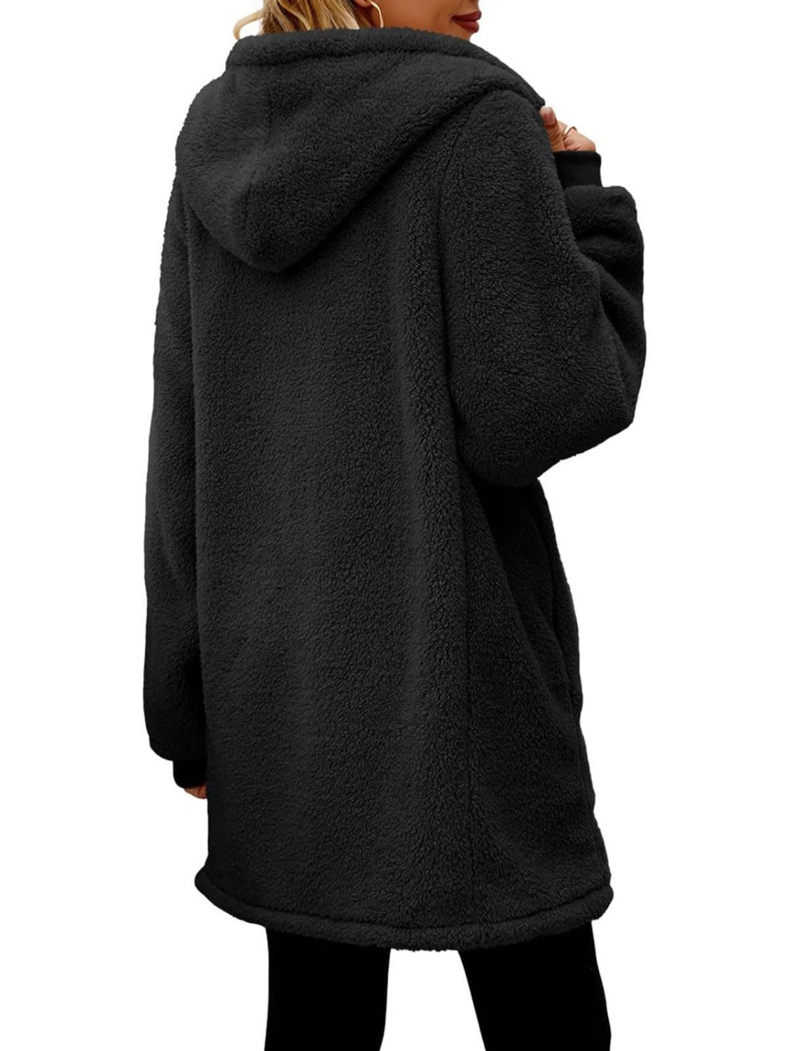 Fuzzy Pocketed Zip Up Long Sleeve Hooded Jacket NicholesGifts