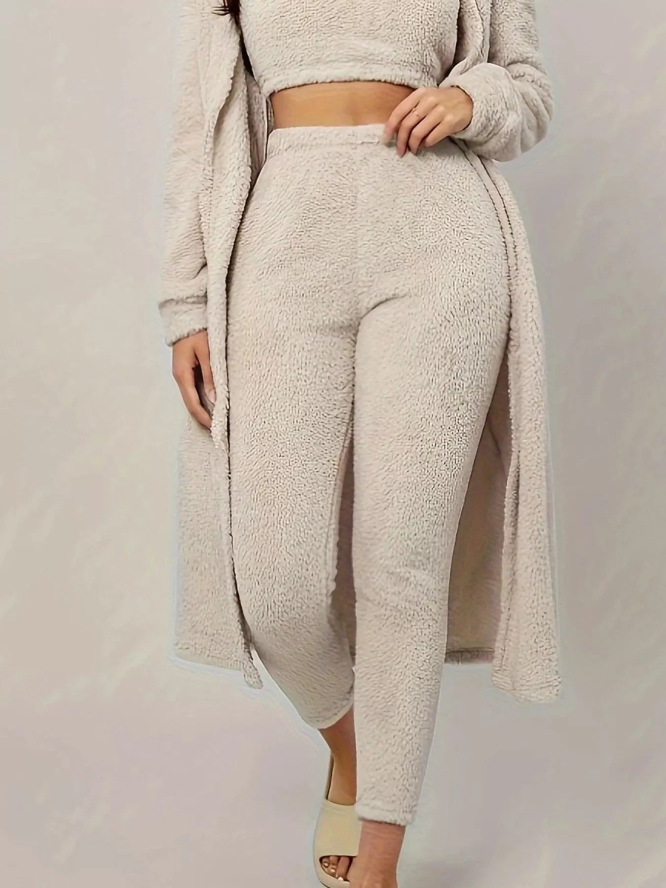 Fuzzy Tank Long Sleeve Cardigan and Pants 3-Piece Lounge Set Trendsi