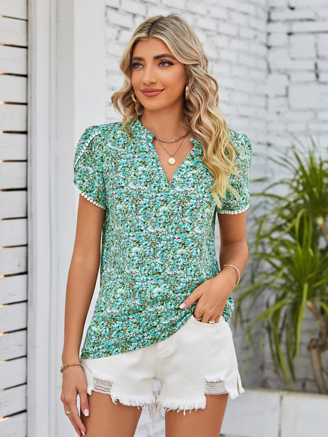 Floral Notched Neck Blouse nicholesgifts