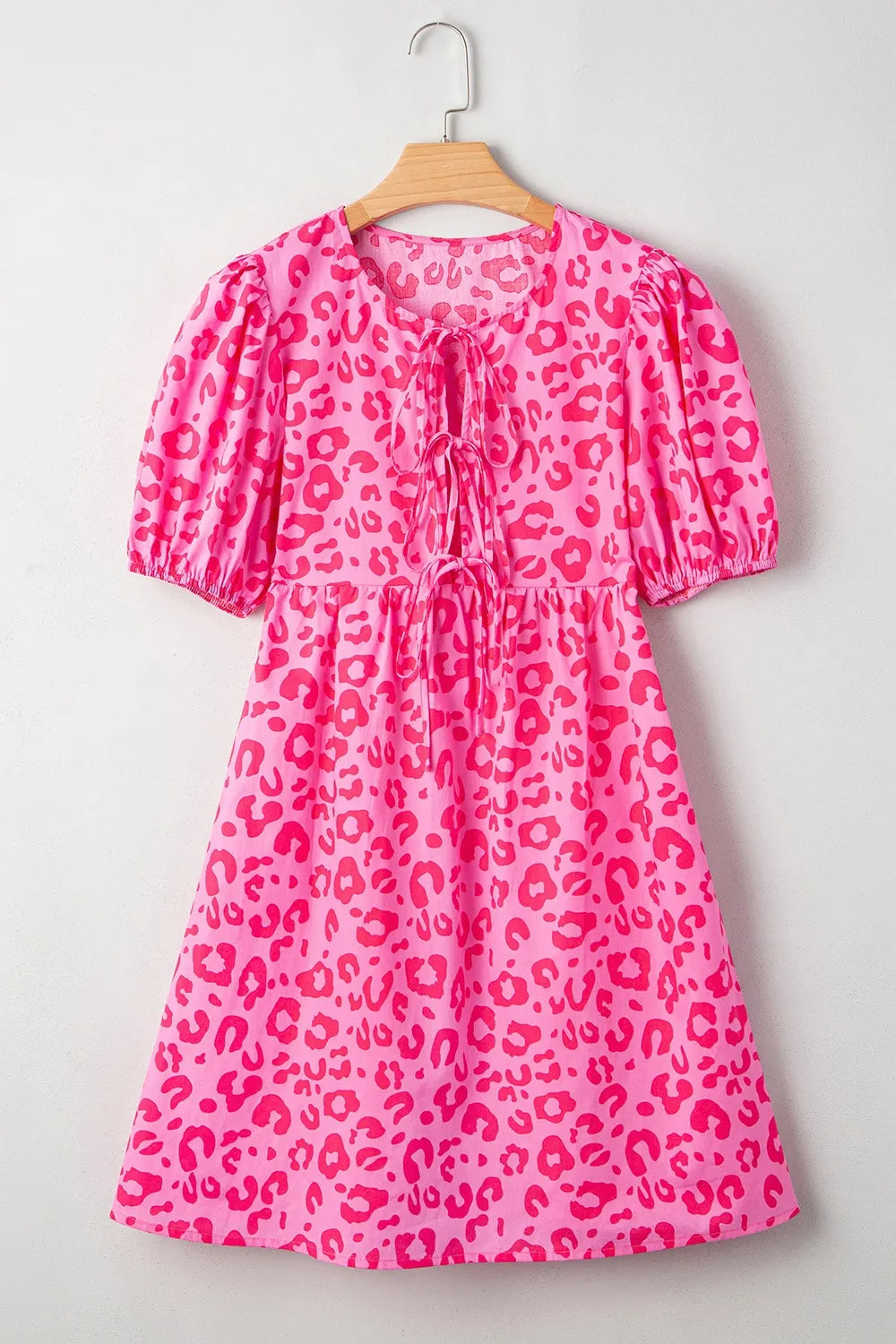 Leopard Tie Front Puff Sleeve Dress Trendsi