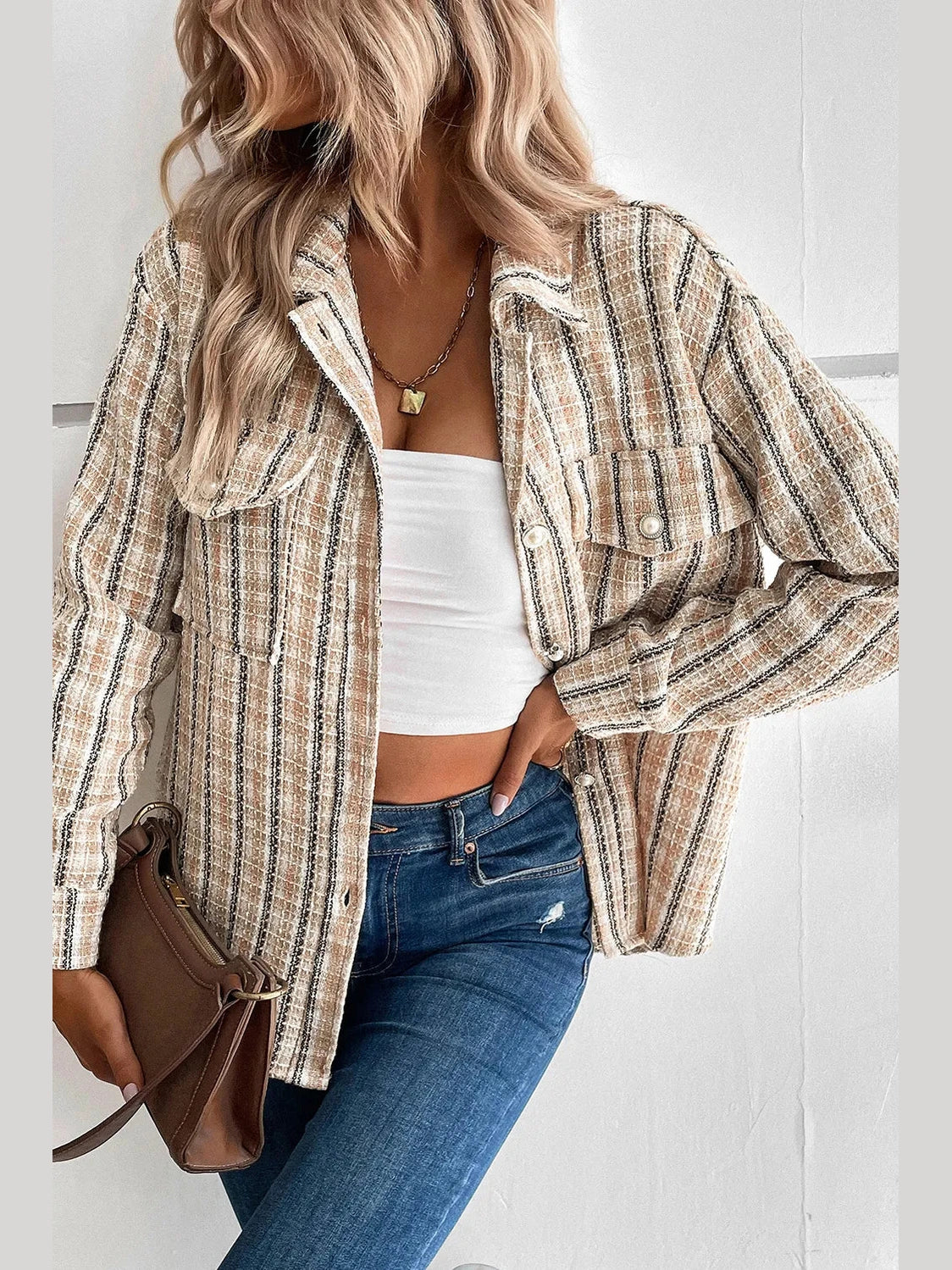 Perfee Pocketed Button Up Collared Neck Jacket nicholesgifts
