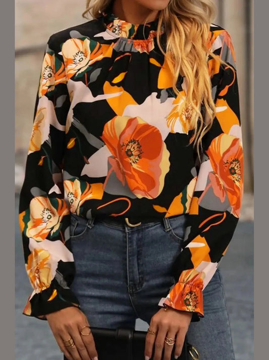 Floral Mock Neck Flounce Sleeve Blouse