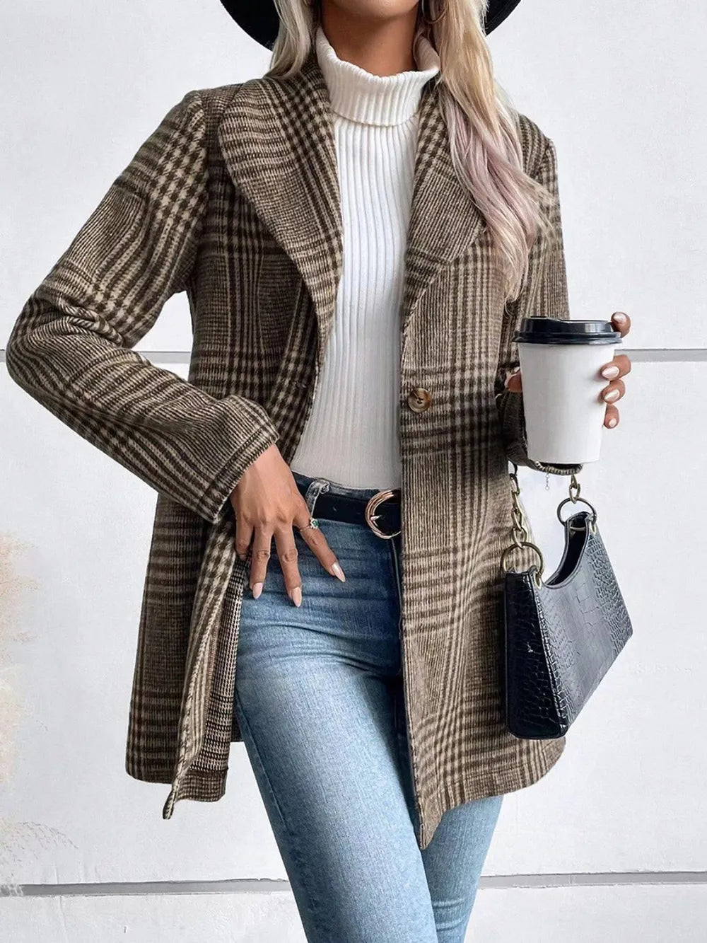 Plaid Collared Neck Long Sleeve Jacket nicholesgifts