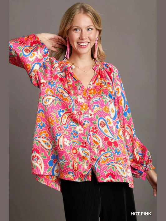 Umgee Full Size Satin Paisley Ruffle Neck Button-Up Shirt Plus Size NicholesGifts