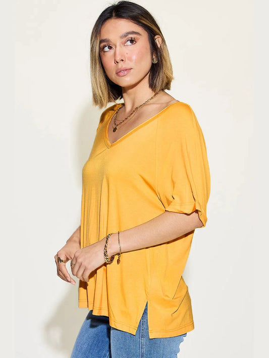 Basic Bae Full Size Bamboo Slit V-Neck Short Sleeve T-Shirt nicholesgifts