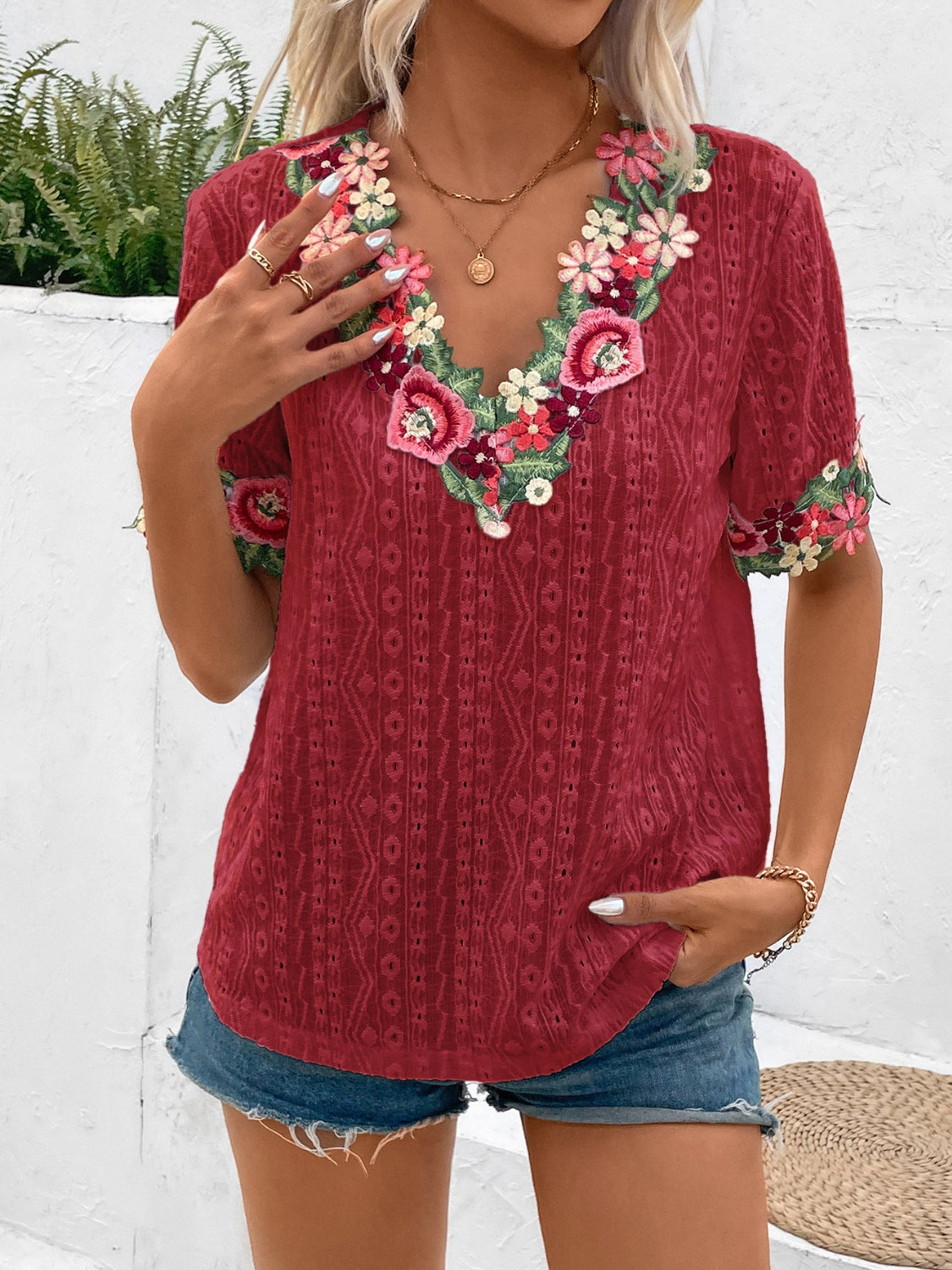 Eyelet Embroidered V-Neck Short Sleeve Blouse nicholesgifts