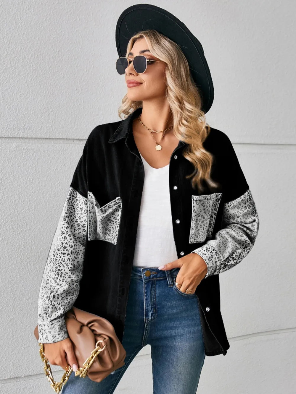 Leopard Button Up Denim Jacket nicholesgifts