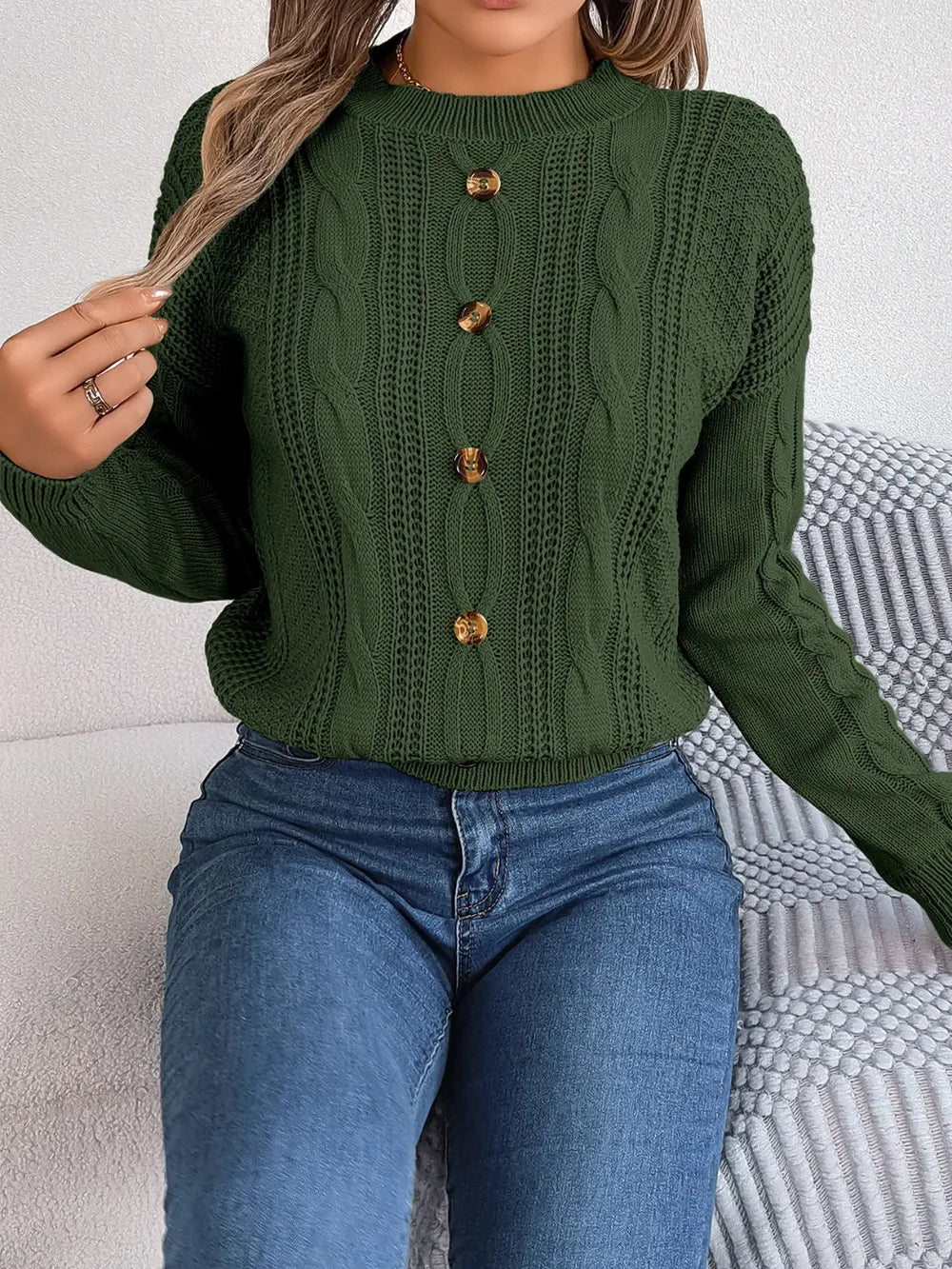 Cable-Knit Buttoned Round Neck Sweater Trendsi