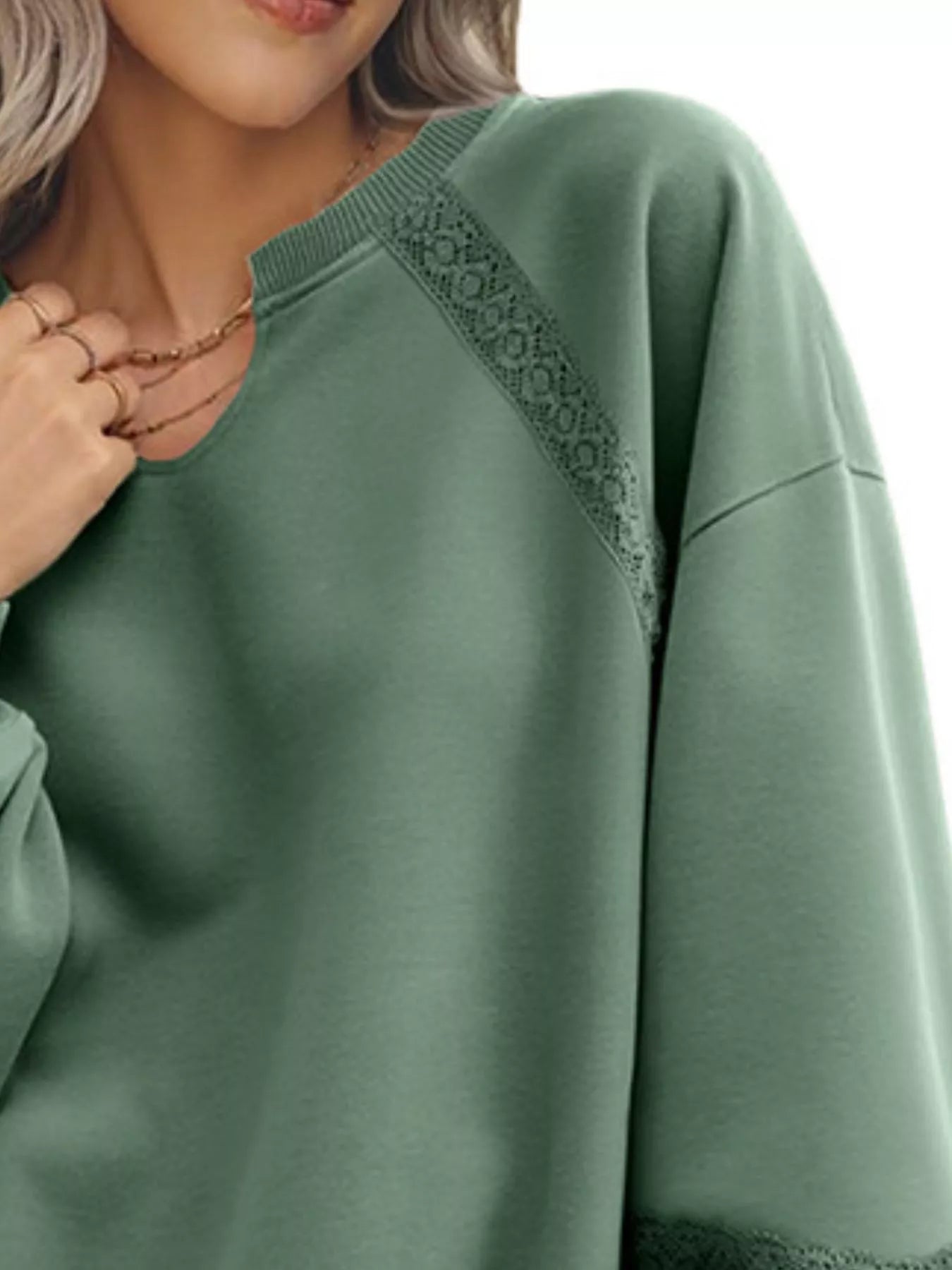 Lace Detail Notched Long Sleeve Sweatshirt Trendsi